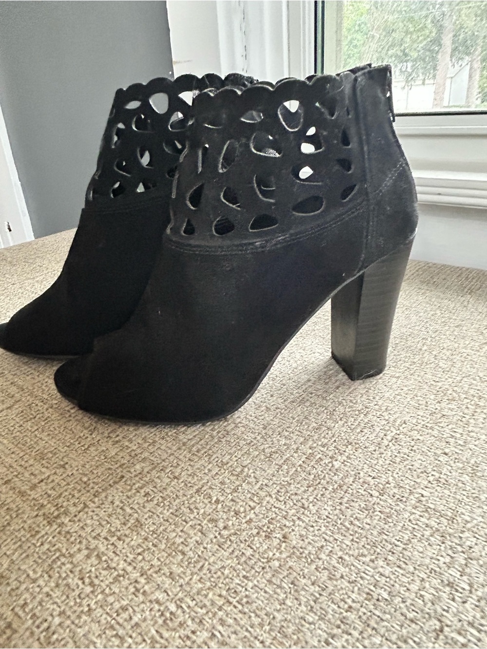 Black Peep Toe Cutout Ankle Booties Side Zip Chunky Heel
